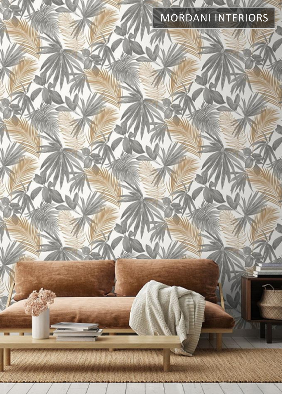 Grey & Gold Leaves Wallpaper